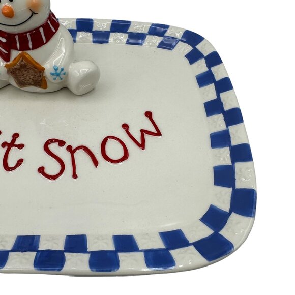 Christmas Snowman Serving Dish Plate Ceramic Pottery Let It Snow Blue White - Picture 7 of 11